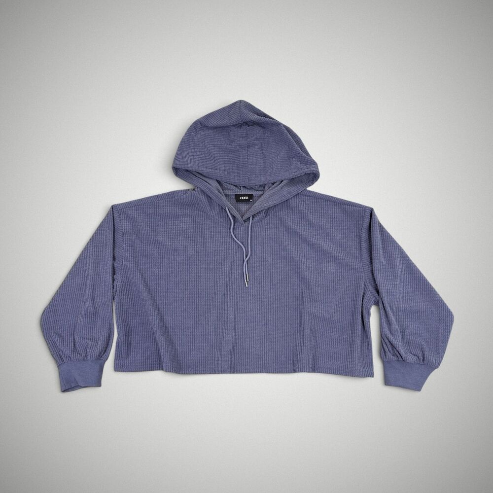 Cider Women's Cropped Waffle Knit Pullover Hoodie Slate Blue Plus Size 4XL